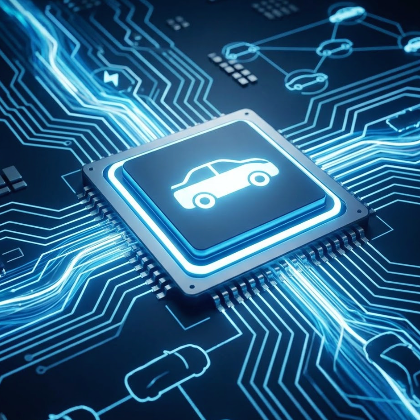 Denso electrification strategy 4 trillion yen visualized with a microchip and car icon on a tech circuit background.