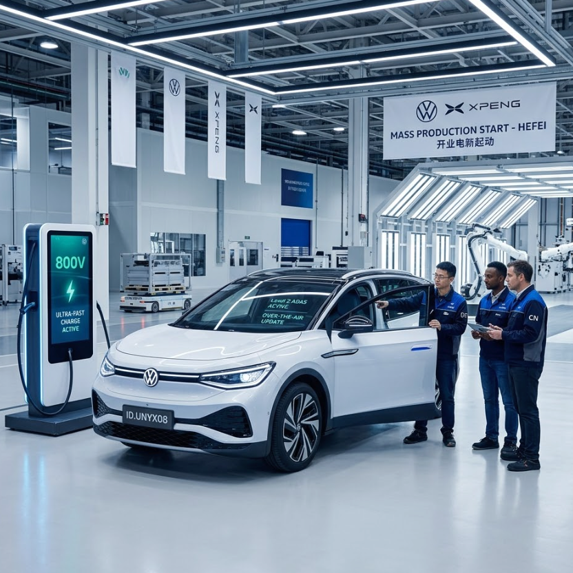 Volkswagen electric SUV production with ID.UNYX08 and factory workers at Hefei, featuring ultra-fast charging system.