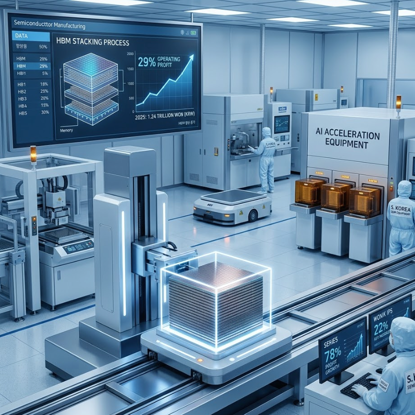 South Korean semiconductor equipment profit surge 2025 in a modern manufacturing facility with advanced technology.