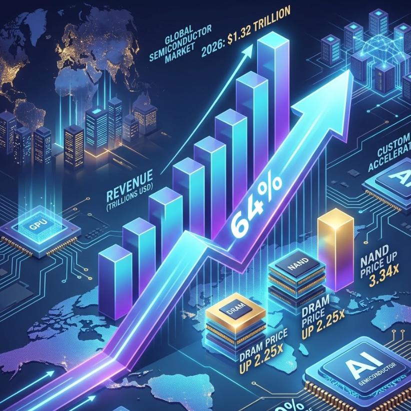 2026 semiconductor market forecast with a graph showing a 64% increase in revenue projected to $1.32 trillion.