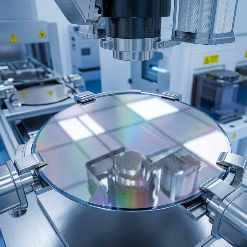 8-inch SiC MOSFET production on a silicon wafer in a high-tech semiconductor facility.