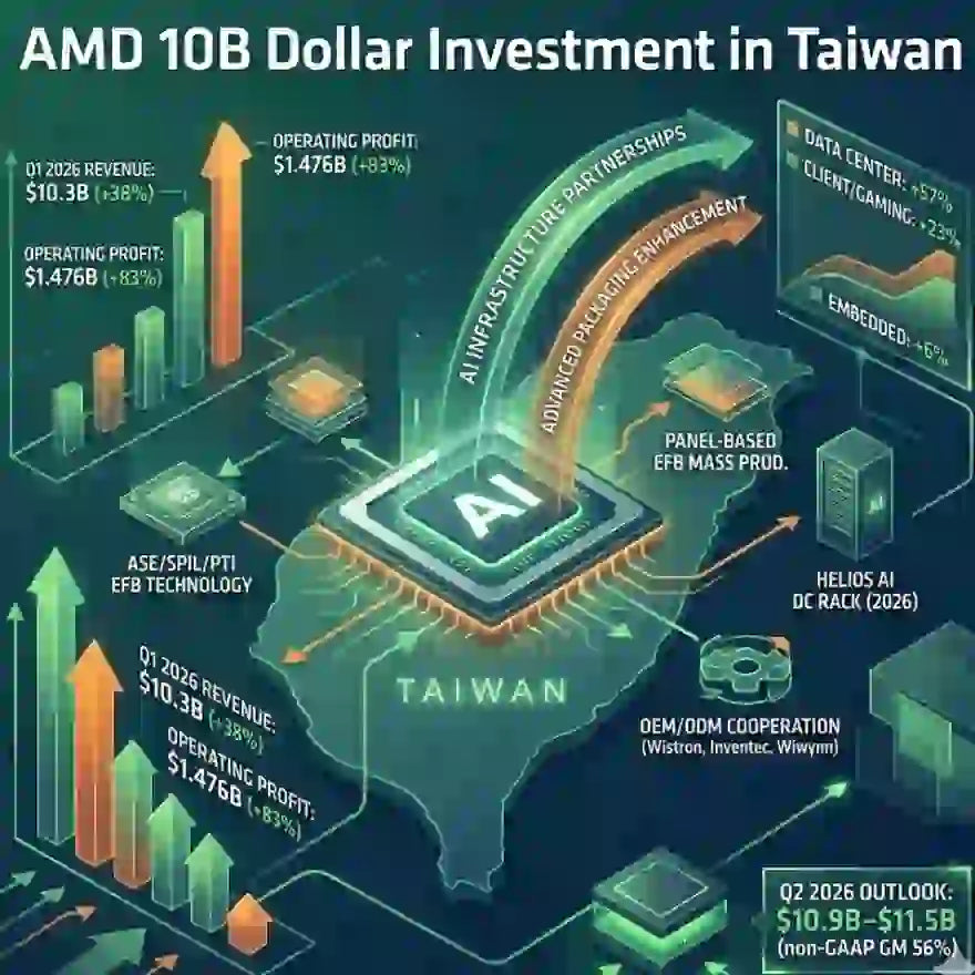 AMD investment in Taiwan AI supply chain infographic showing $10B investment details and partnership highlights.