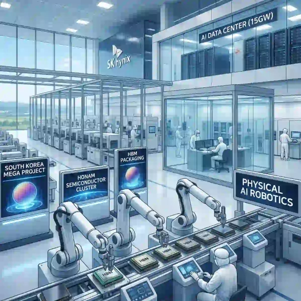 South Korea semiconductor investment AI cluster setup inside SK Hynix facility featuring robots and AI data center.