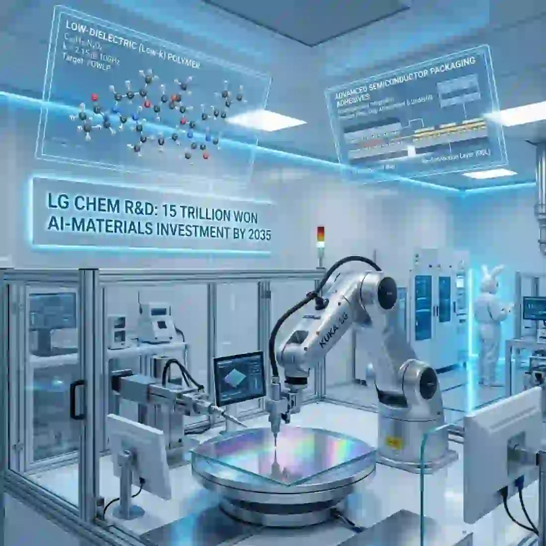 LG Chem lab showcasing AI-powered material science investment of 15 trillion won by 2035 with robotic technology.
