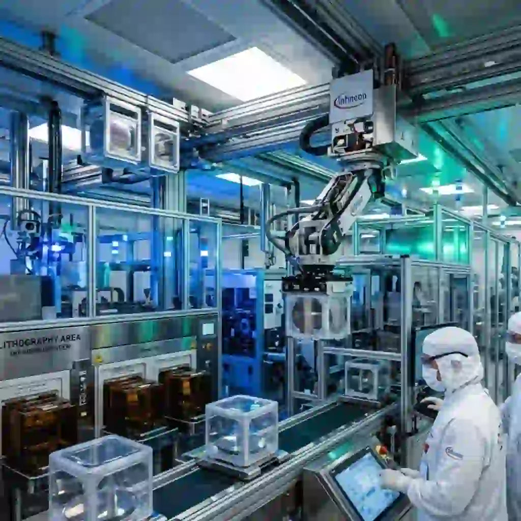 Infineon Smart Power Fab Dresden showcasing advanced robotics and semiconductor manufacturing equipment.