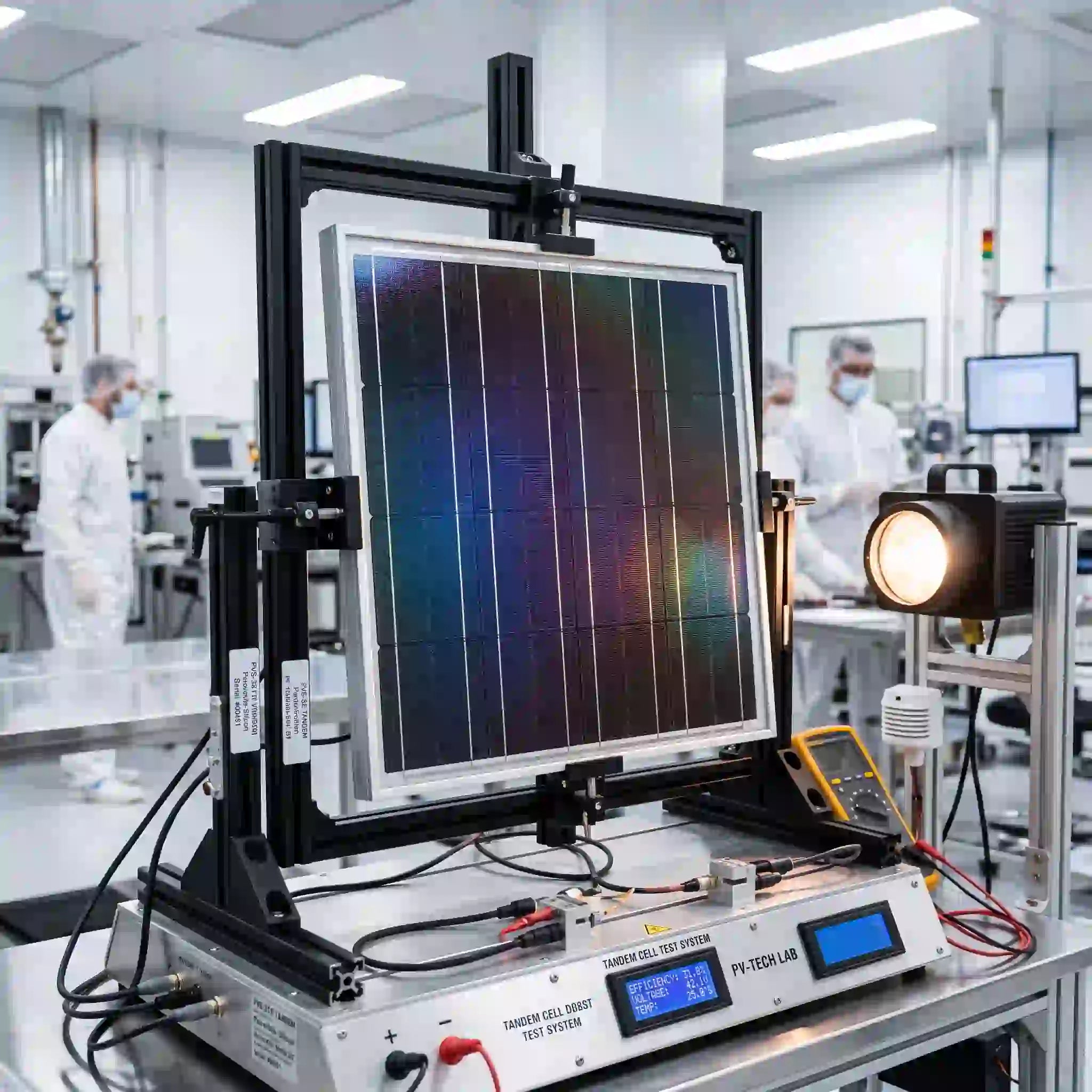 Trina Solar 907W perovskite-silicon module testing in laboratory setting with equipment and scientists