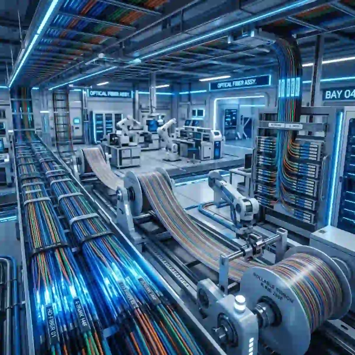 Furukawa Electric's global fiber optic investment in a manufacturing plant with cables and advanced machinery.