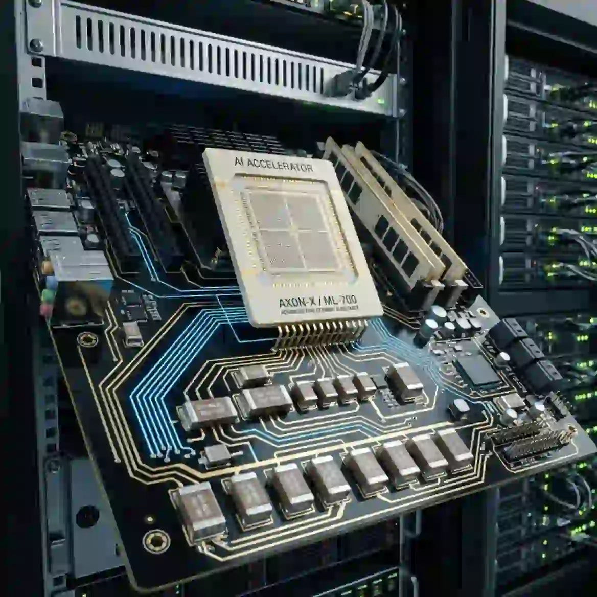 AI data center expansion forecast with circuit board and servers.