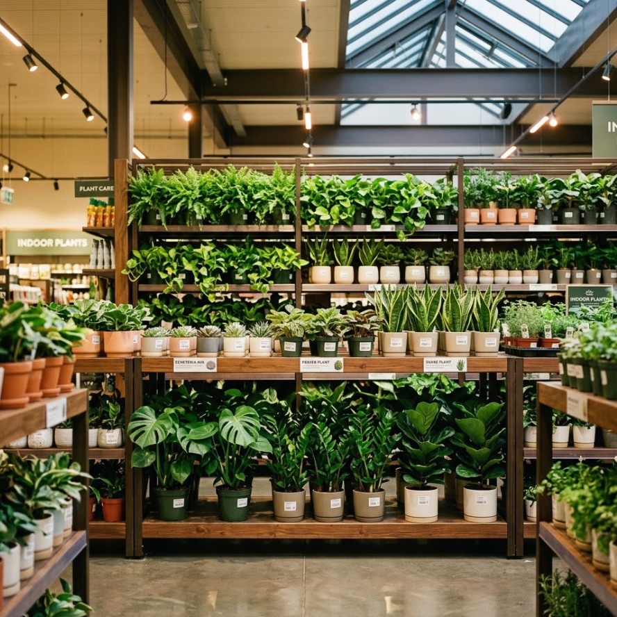 Retail store with plants illuminated by Nichia horticulture LEDs to reduce waste
