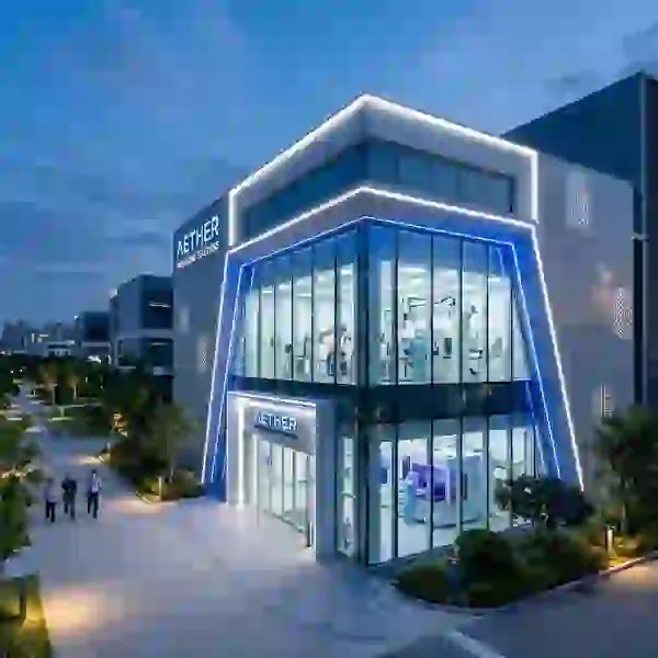 Exterior view of a modern AI memory packaging facility at dusk with illuminated facade.