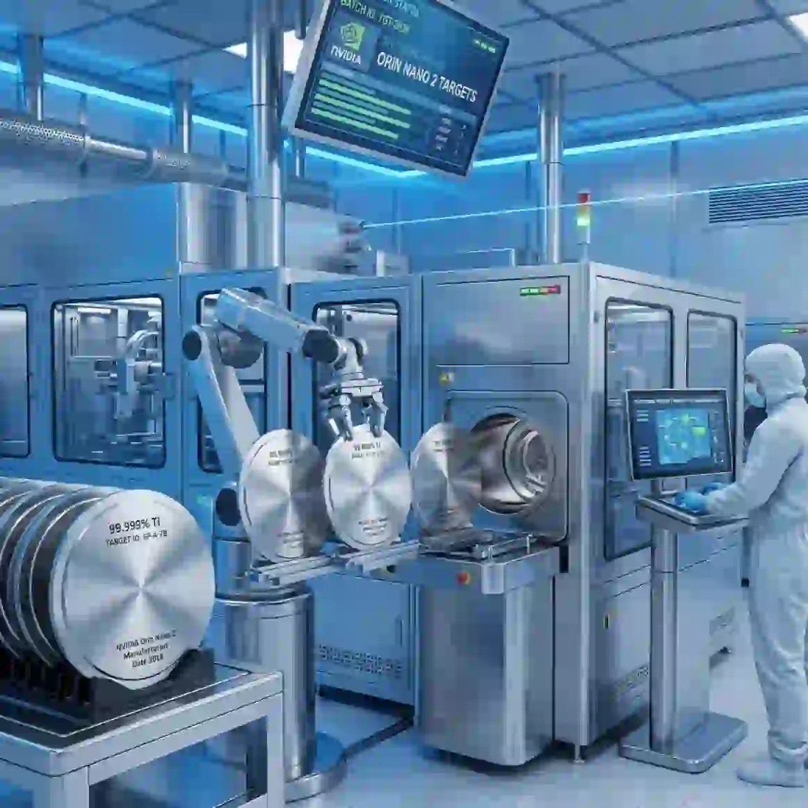 Advanced factory setup for sputtering targets investment South Korea, showcasing robotic arm and high-tech machinery.