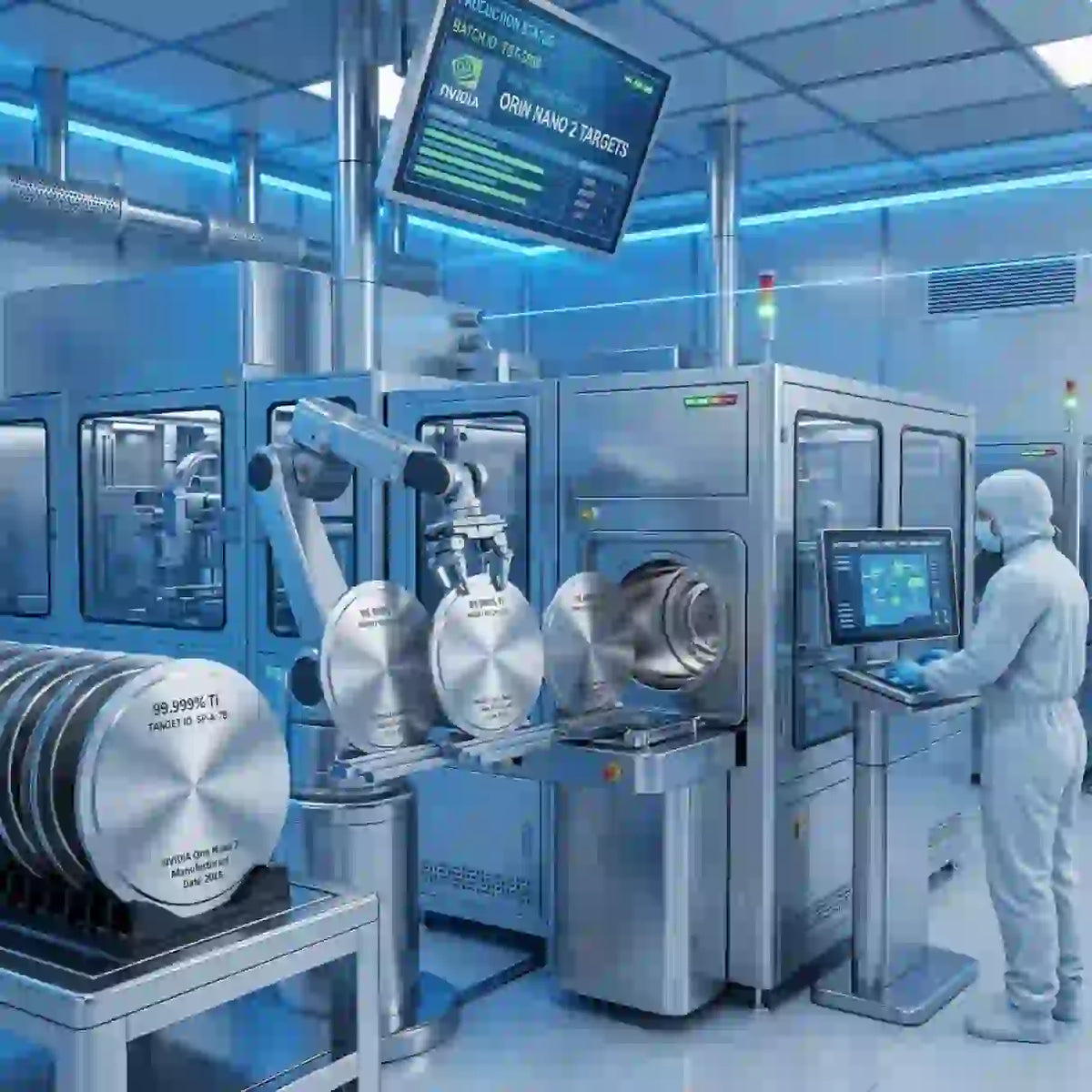 AI-driven NAND flash demand in high-tech manufacturing facility with advanced robotic systems and computer interfaces.