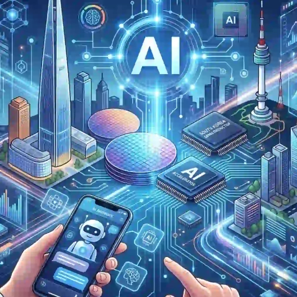 Illustration of South Korea AI service launch 2026 with AI technology, smartphone, and cityscape.