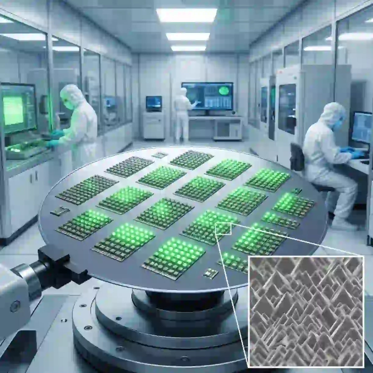 Scientists in a lab working on green microLED technology development on a pilot line