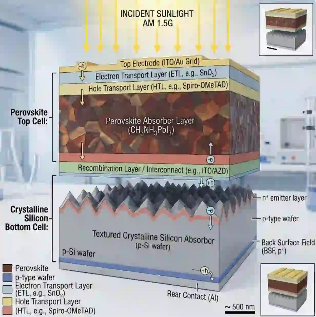 Diagram of perovskite silicon solar cell efficiency layers, showing structure and components for solar energy absorption.
