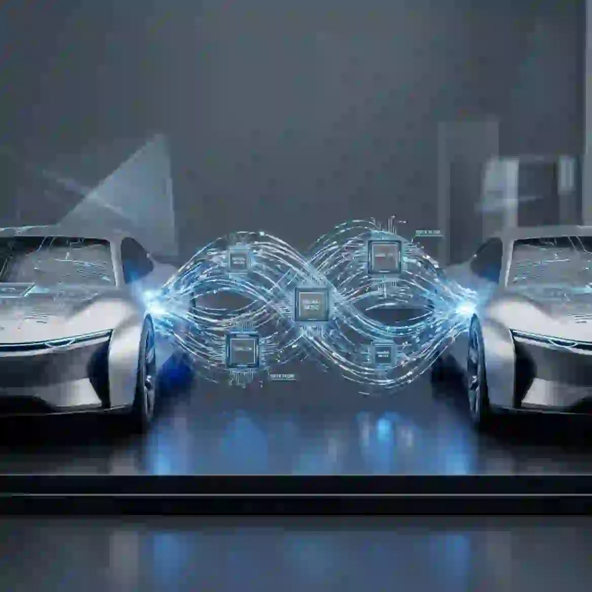 Concept cars representing Nissan Honda SDV development for next-gen platform with digital integration visualized between vehicles.