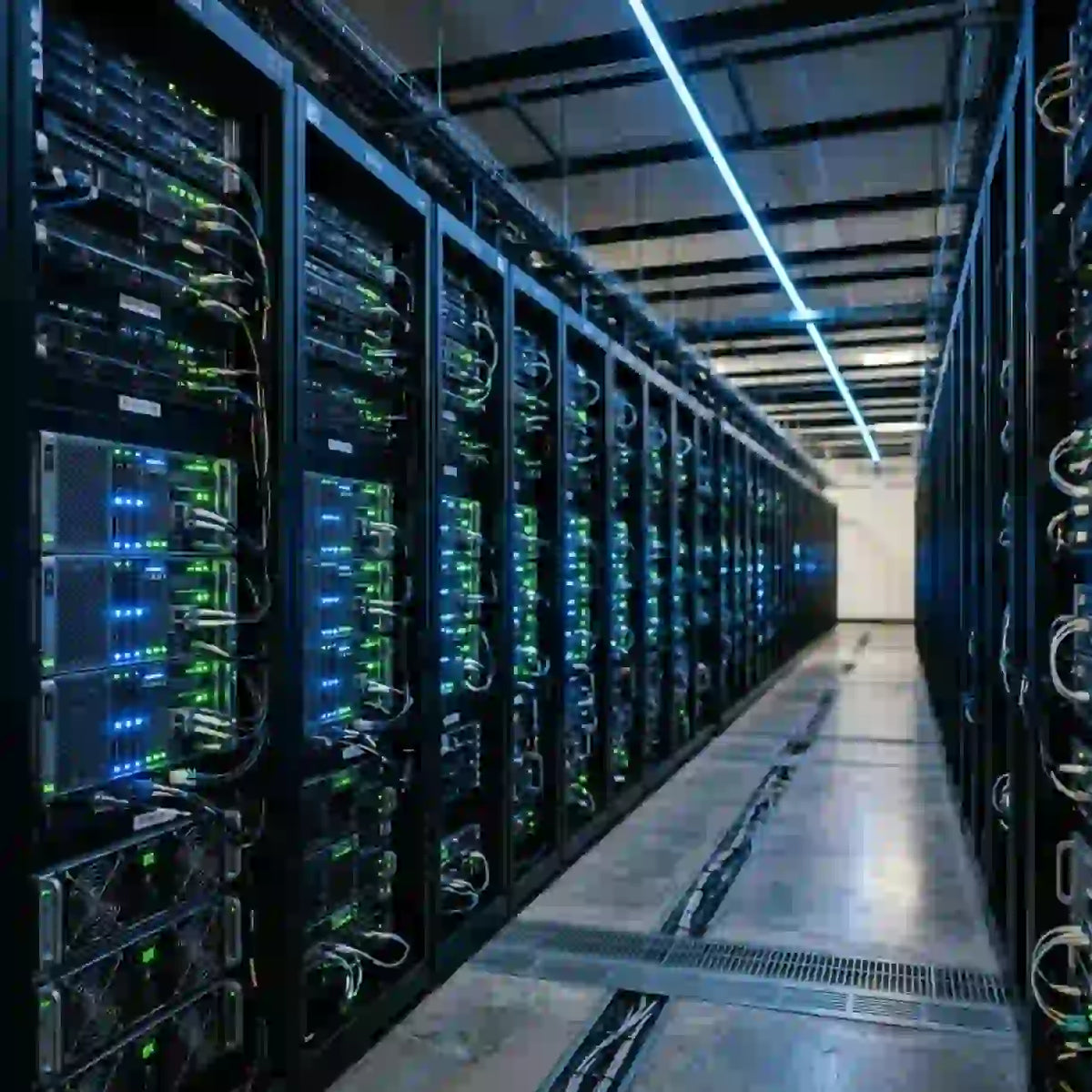 Server racks in a data center symbolizing Sharp's AI server market entry FY2030 initiative.