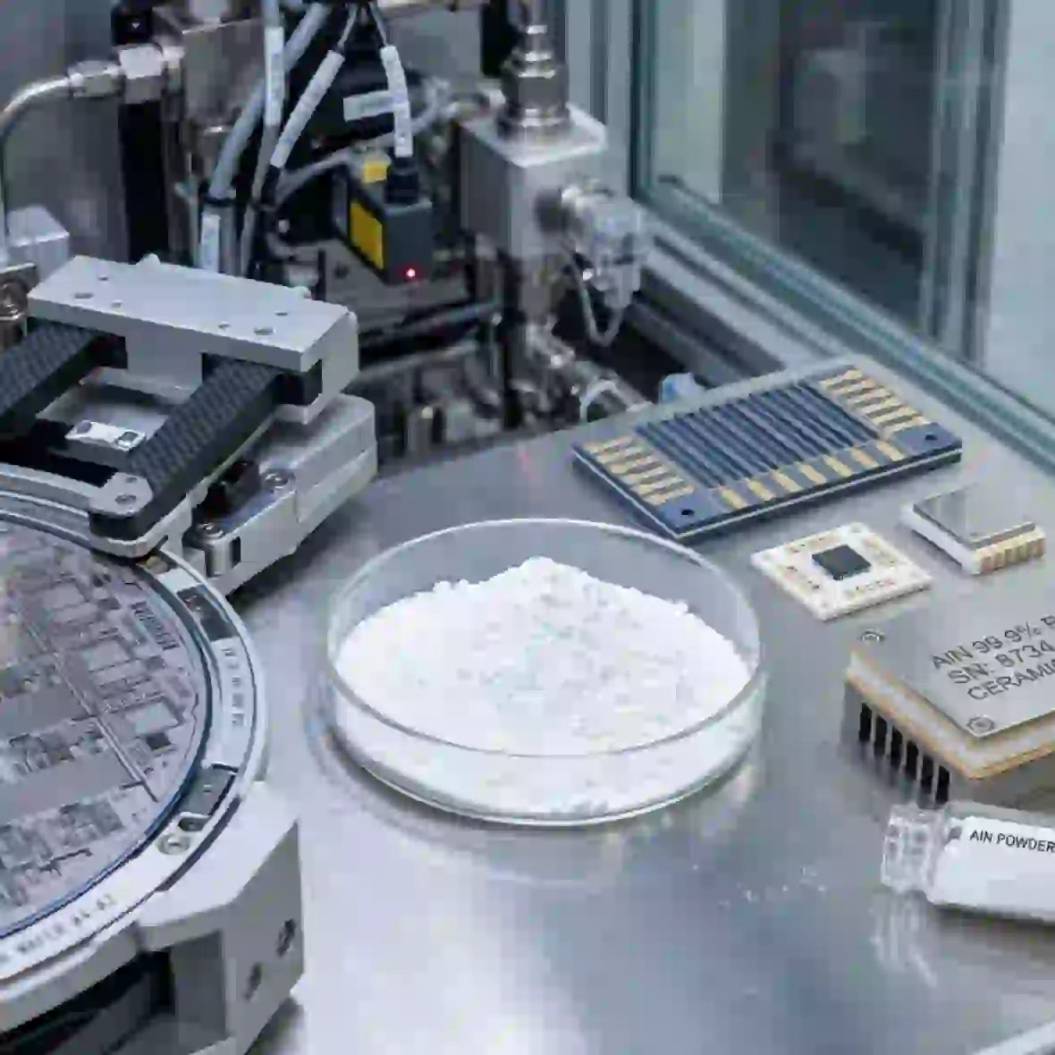 Aluminum nitride powder production expansion for semiconductor demand at Tokuyama facility with equipment and samples.