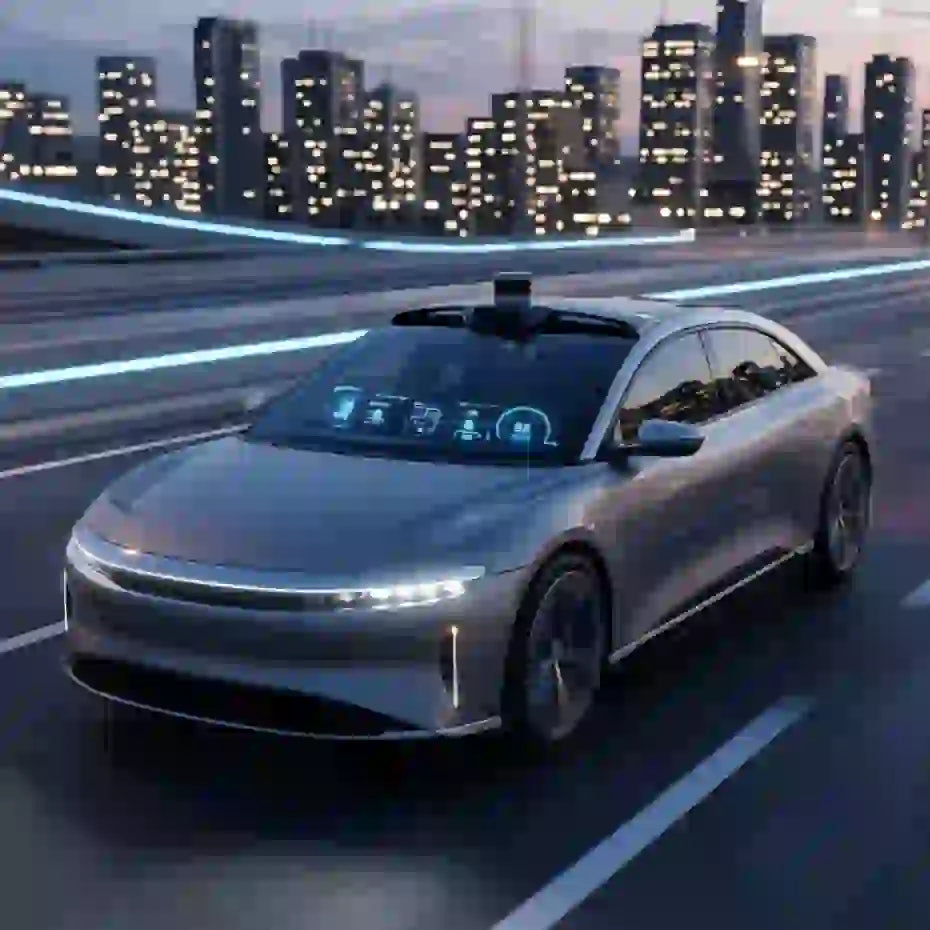Futuristic car on a highway at night, illustrating Huawei smart mobility 2026 advancements in autonomous vehicle technology.