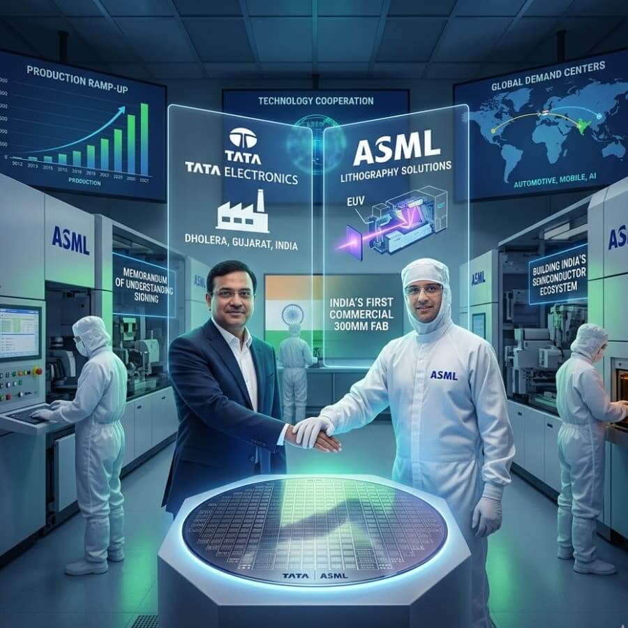 Tata ASML semiconductor partnership during the announcement of India's first commercial 300mm fab in Dholera.