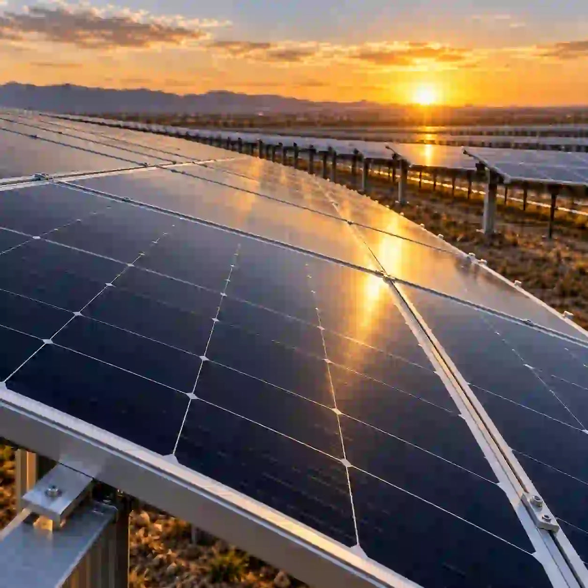JinkoSolar Tiger Neo solar panels in a field at sunset, showcasing advanced technology and sustainability efforts.