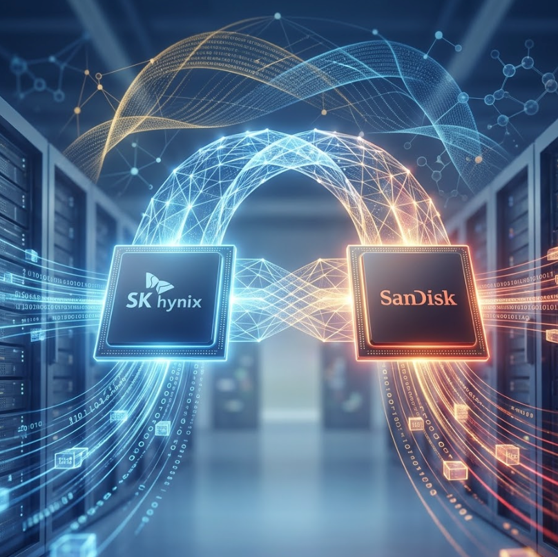 SK hynix and SanDisk partnership for HBF memory standardization consortium with network connections.