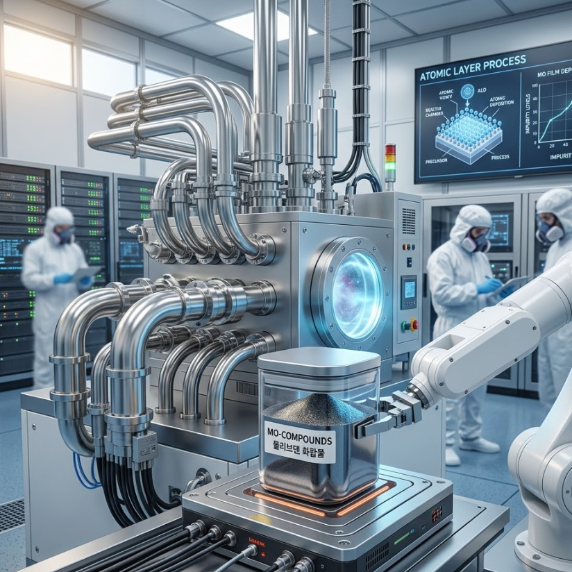 Molybdenum precursors for semiconductors in a high-tech lab environment with advanced machinery.