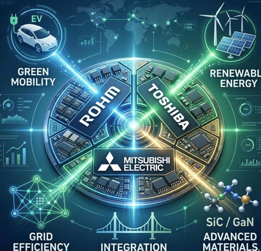Visual representation of Japan semiconductor integration talks with Rohm, Toshiba, and Mitsubishi Electric.