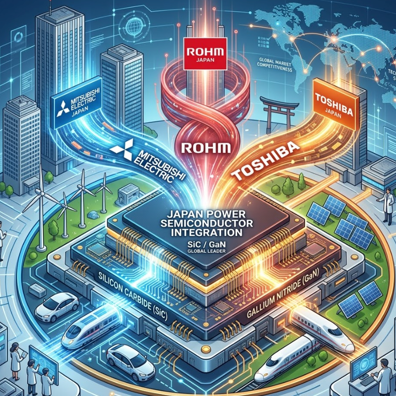 Japan power semiconductor merger graphic illustrating integration of Rohm, Mitsubishi Electric, and Toshiba.