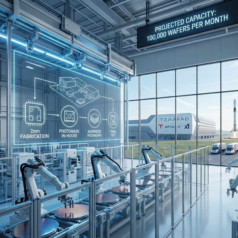 Interior view of a 2nm semiconductor manufacturing Austin facility highlighting projected capacity of 100,000 wafers per month.