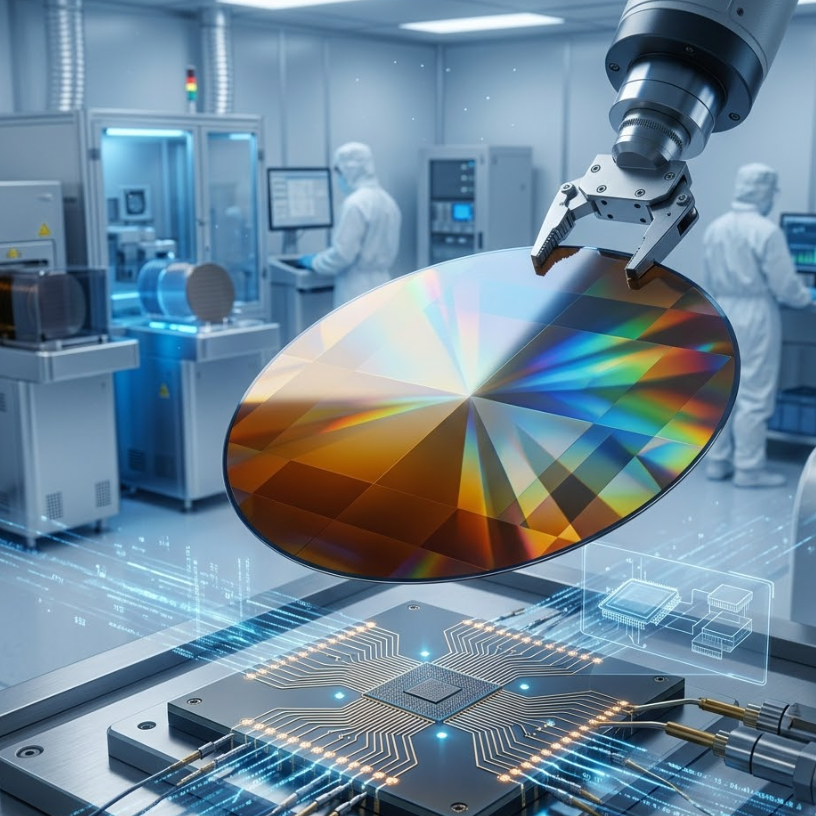 Manufacturing of 300mm silicon carbide for AI packaging in a high-tech cleanroom.