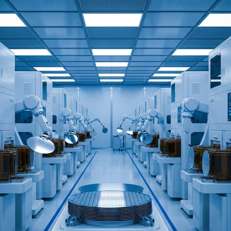 SUMCO semiconductor strategy shift in a modern semiconductor fabrication facility with robotic arms.