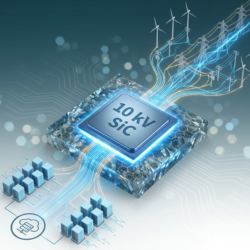 A graphic showcasing 10kV silicon carbide MOSFETs conducting energy in power grids and AI data centers.
