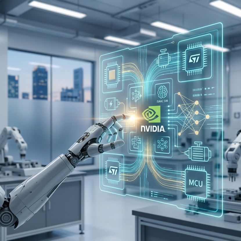 STMicroelectronics NVIDIA physical AI partnership showcased in a high-tech lab with robotic hand interacting with interface.