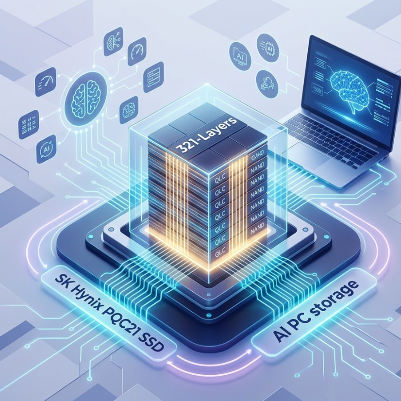 Illustration of SK Hynix 321-layer QLC SSD for AI PCs showcasing advanced storage technology.