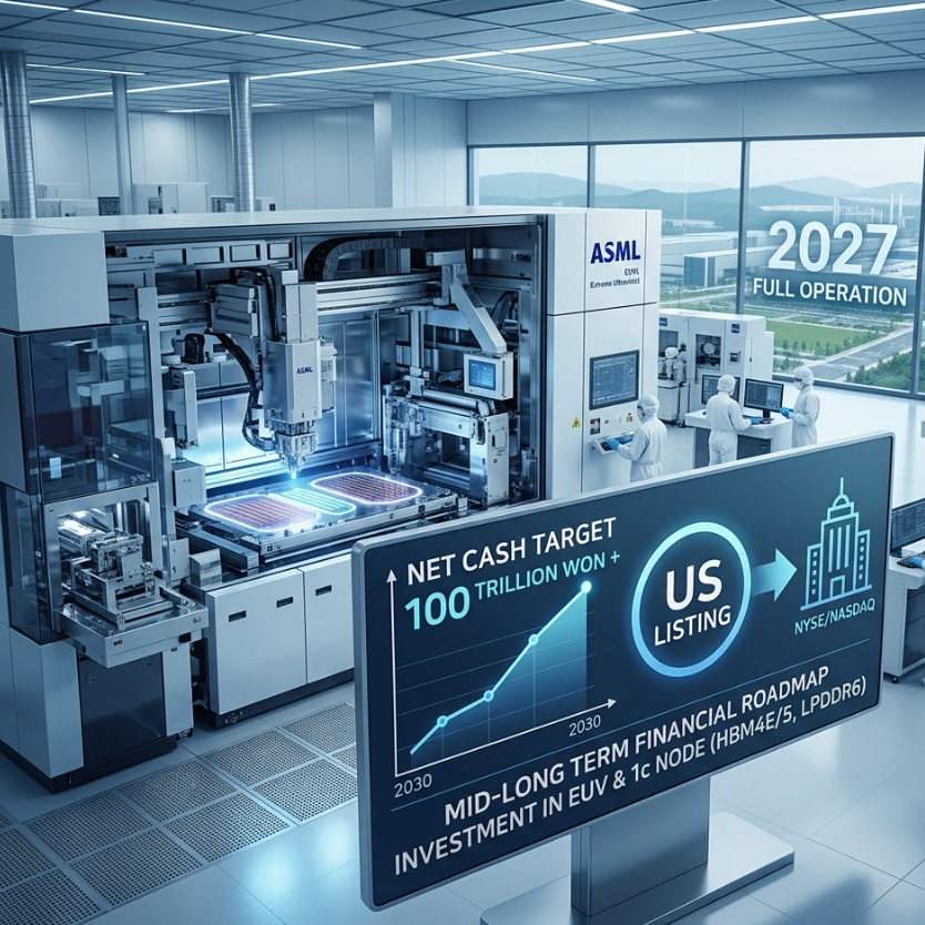 ASML facility showcasing 100 trillion won target and US listing for SK Hynix AI memory investments in 2027 operation.