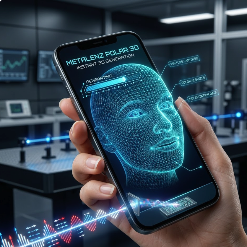 Metalenz Unveils Polar 3D: Instant Studio Quality 3D Facial Data from a Single Image on smartphone display.