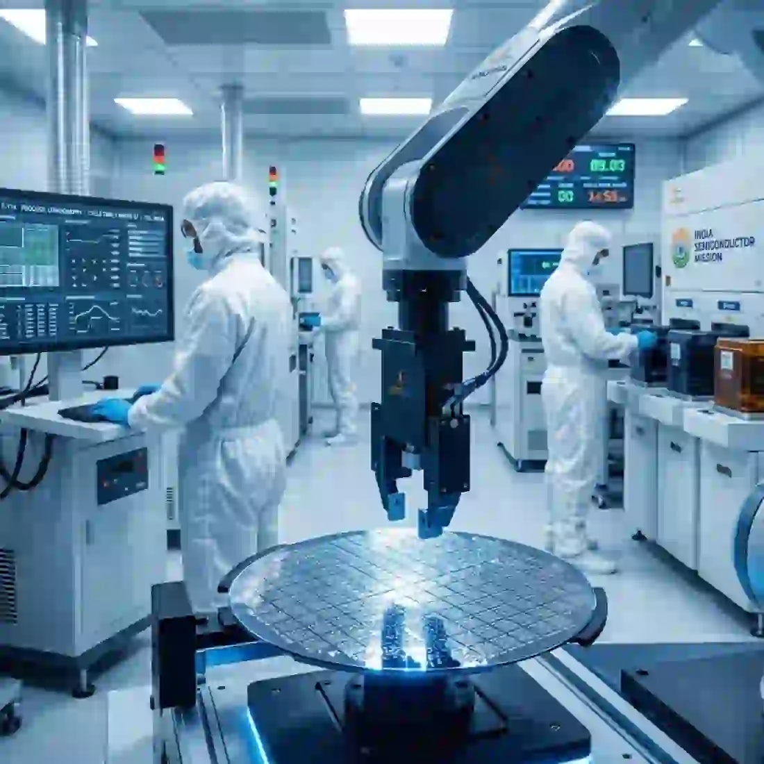 India semiconductor strategy Semicon 2.0 in a cleanroom with robotic arm and technicians working on wafers.