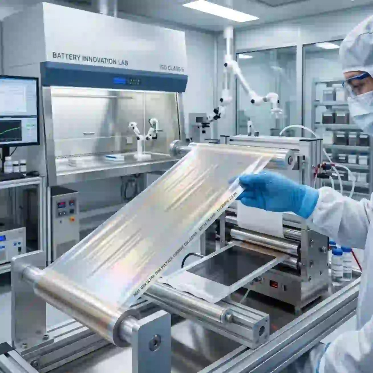 Scientist examining EV battery anode film in a lab setting