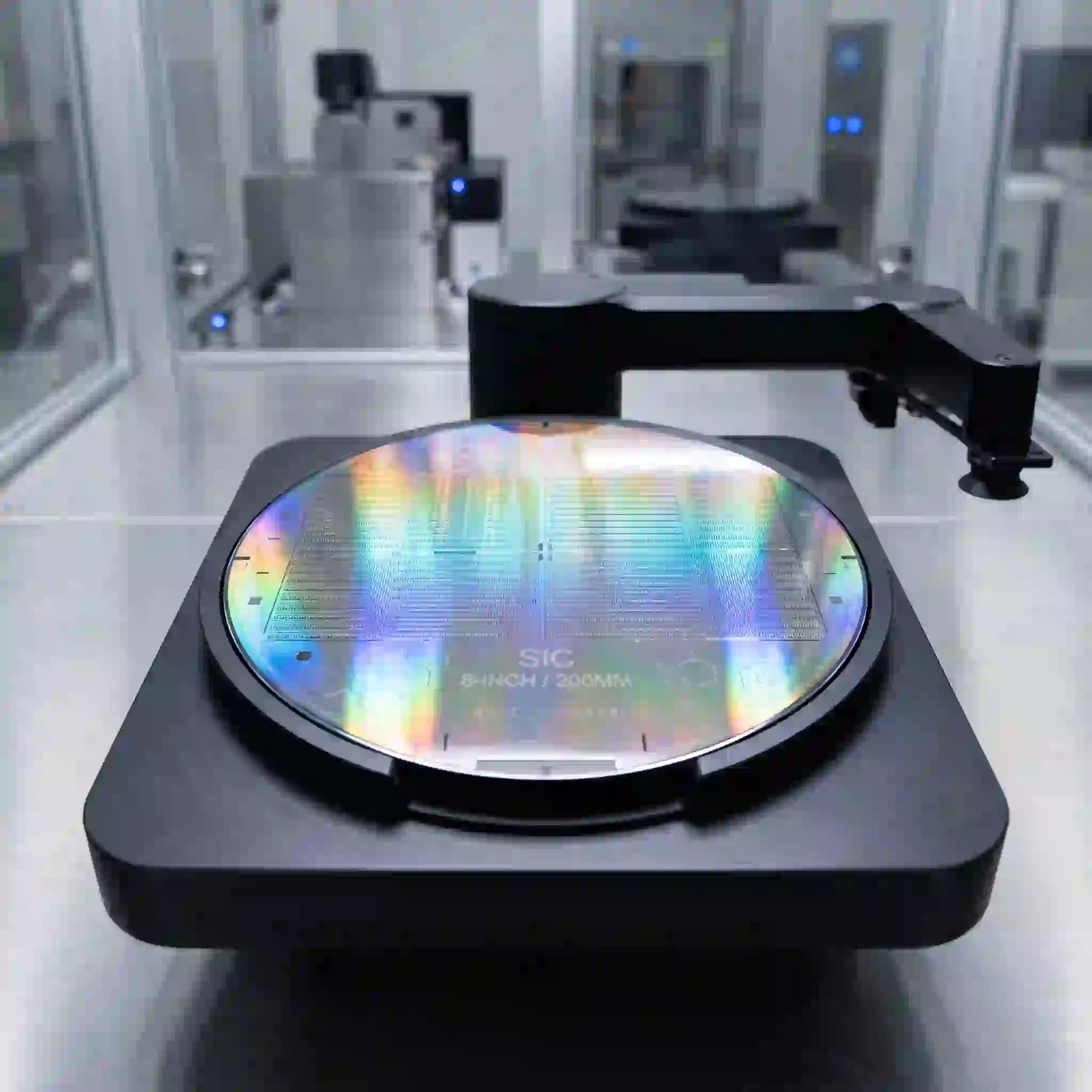 Eight inch silicon carbide wafers on manufacturing equipment in cleanroom environment.
