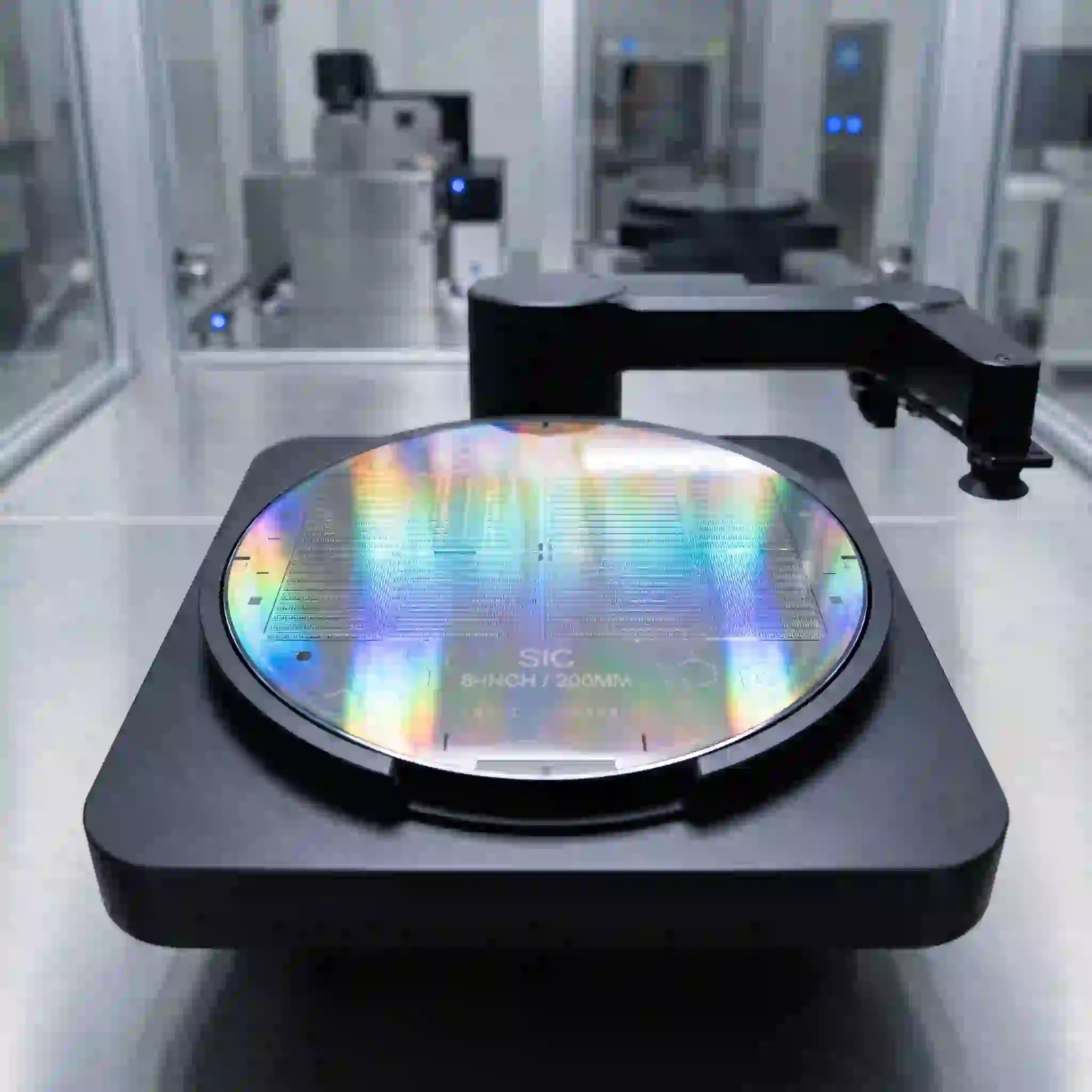 Eight inch silicon carbide wafers on manufacturing equipment in cleanroom environment.