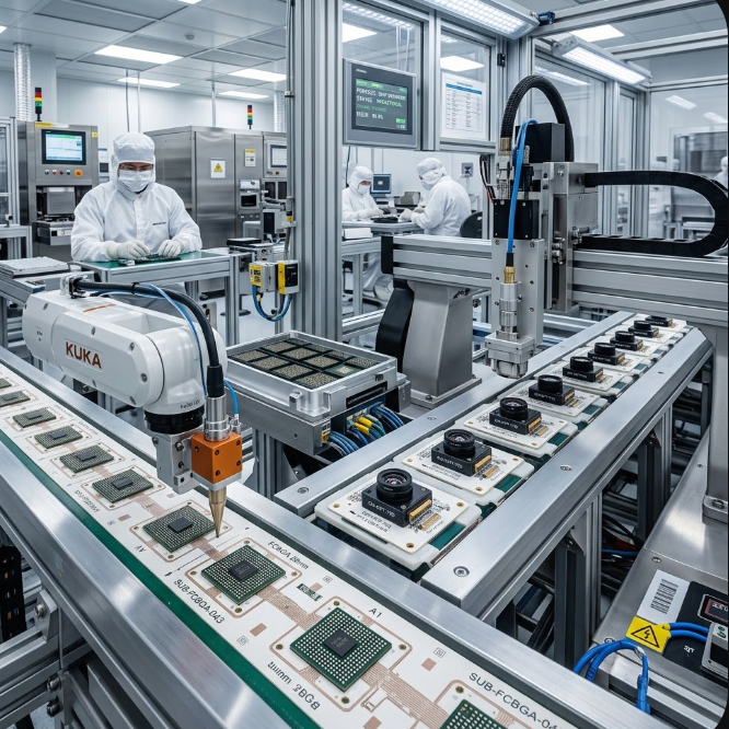 Manufacturing process of advanced semiconductor substrates in a cleanroom facility, highlighting LG Innotek's revenue growth.