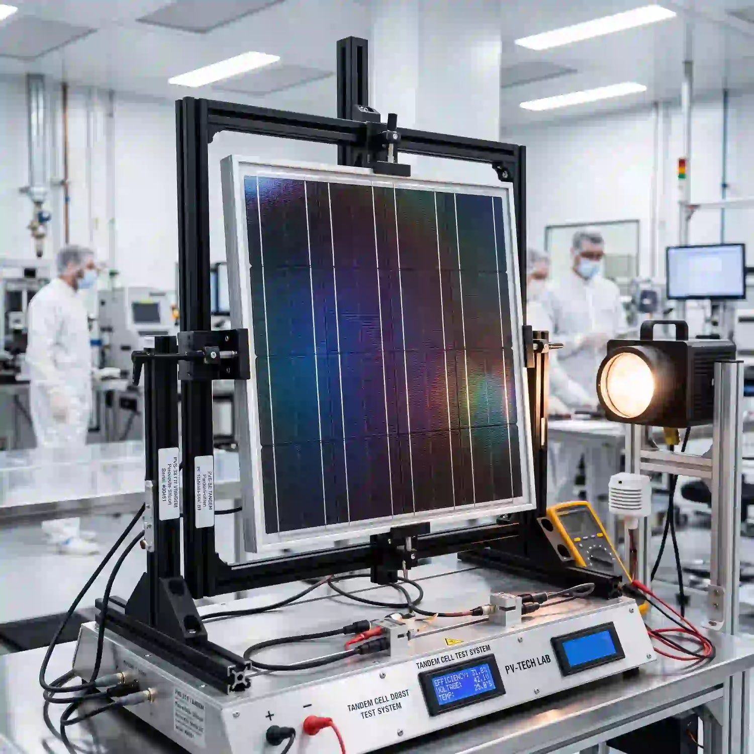 Trina Solar 907W perovskite-silicon module testing in laboratory setting with equipment and scientists