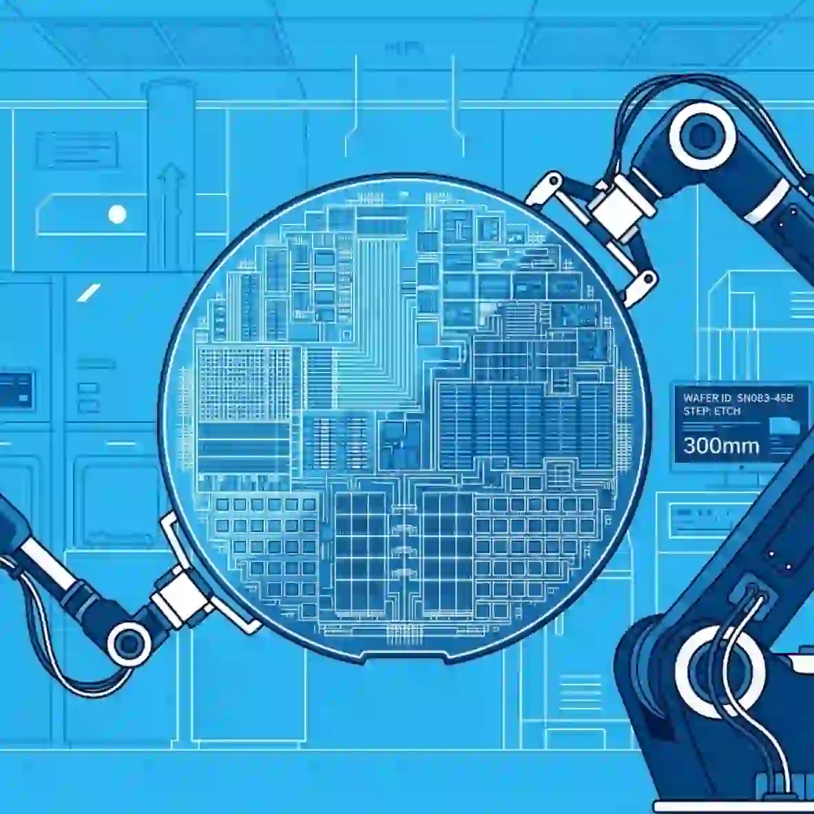 300mm fab equipment growth - robotic arms holding semiconductor wafer in a fabrication plant