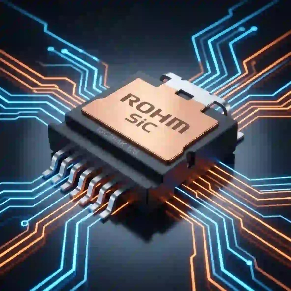 ROHM top cooling SiC MOSFET package for power electronics on circuit board background