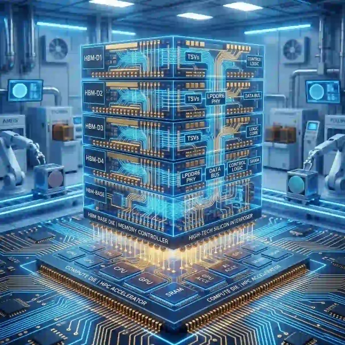 Illustration of NVIDIA NVHBM AI acceleration chip with advanced architecture, showcasing next-generation technology in AI computing.