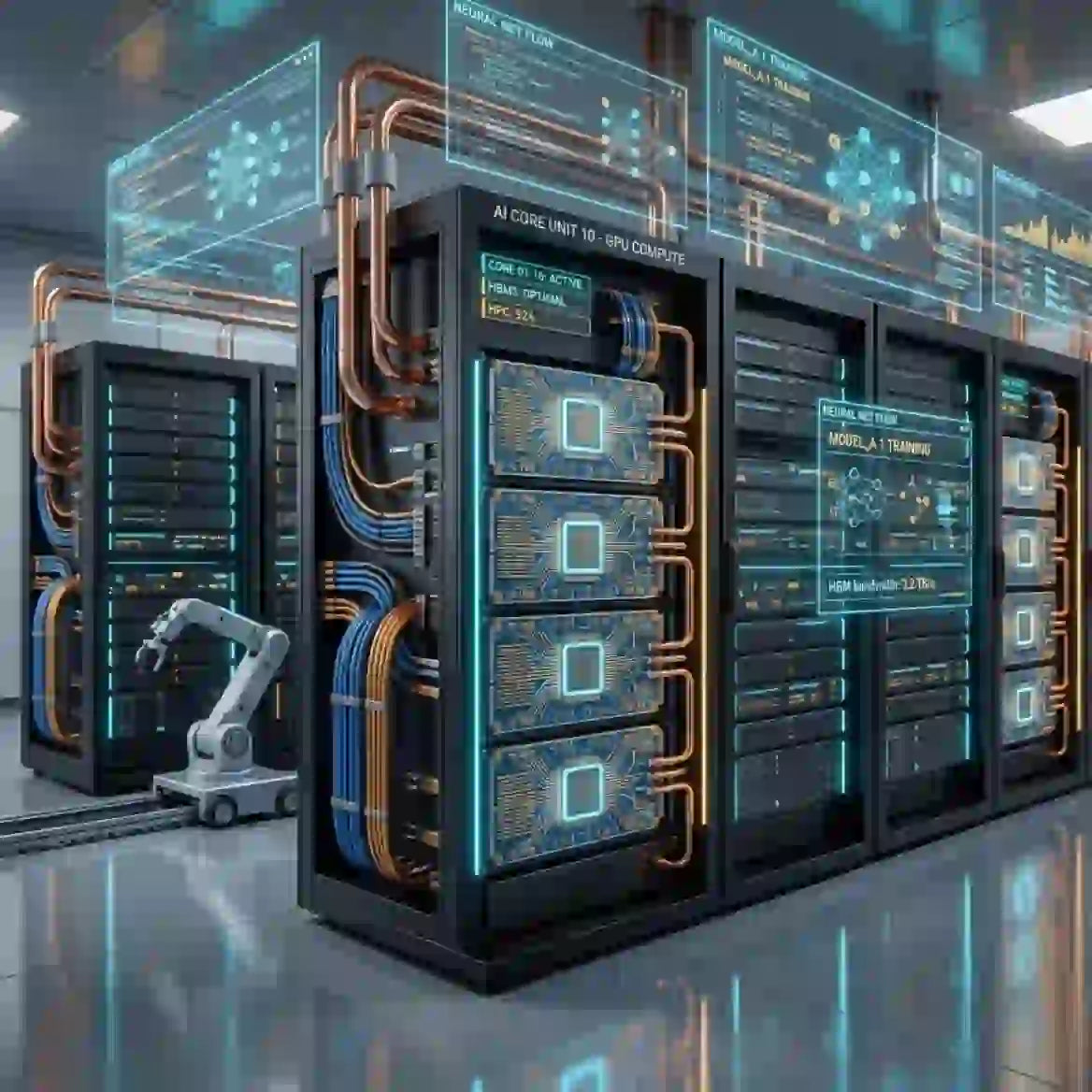 Futuristic data center showcasing Chinese AI chip startup growth 2026 with advanced technology and robotic automation.