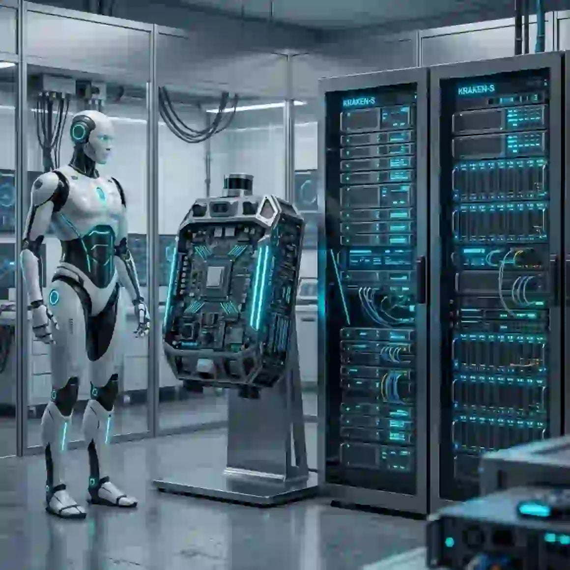 AI robot in a data center symbolizing LG AI technology growth in robotics and data management.