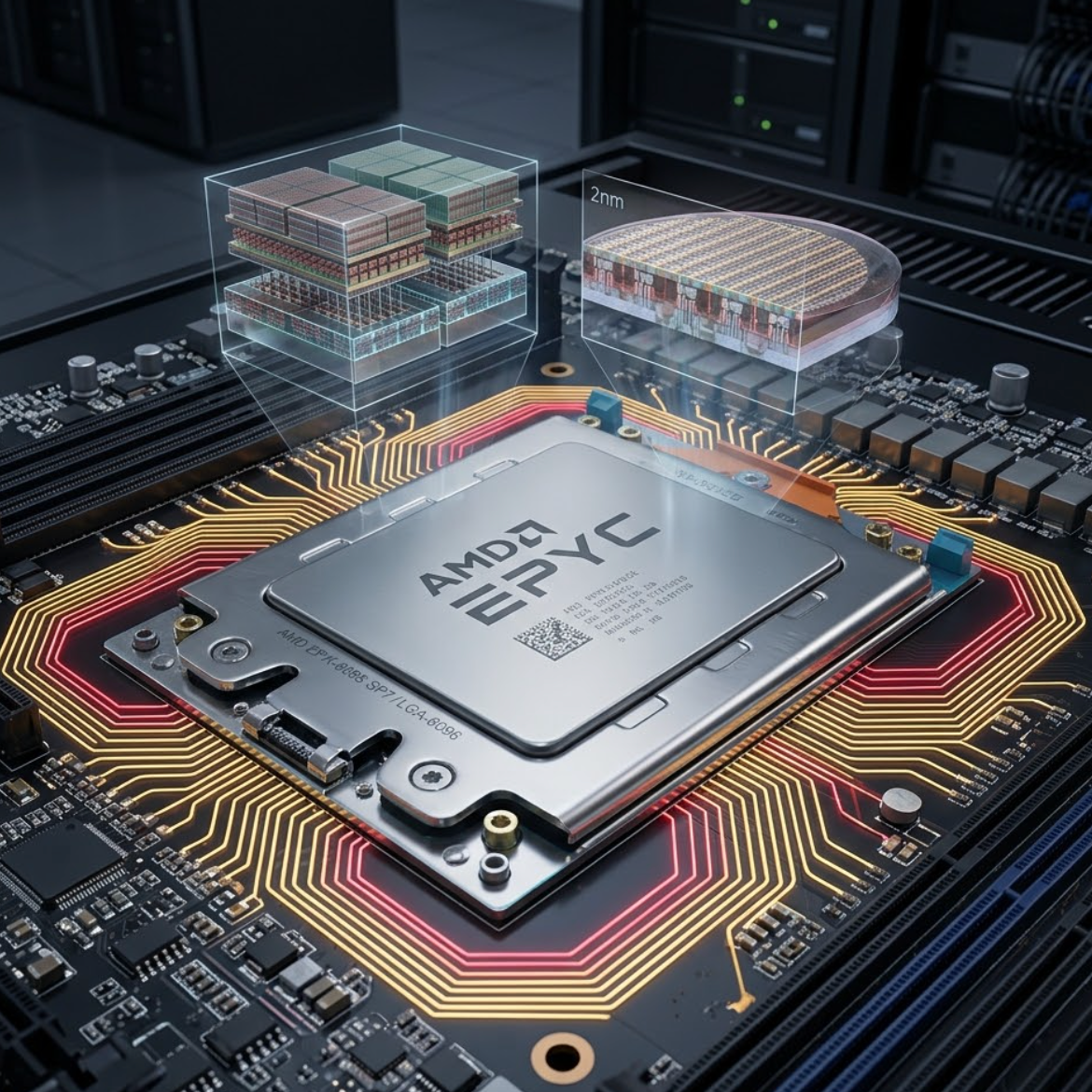 Close-up view of AMD EPYC 9006 server processors on a motherboard, showcasing TSMC two nanometer technology.