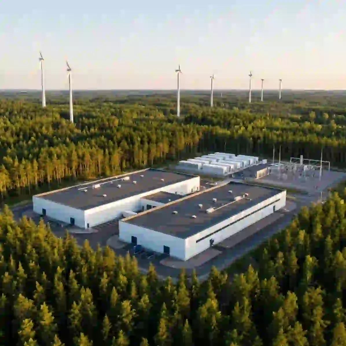 Wind turbines and data centers symbolize Google Finland digital infrastructure investment.